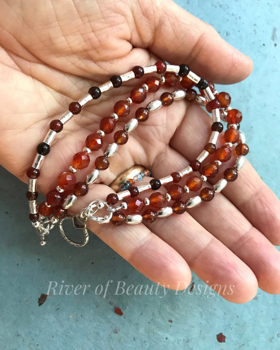Beaded Sterling Silver Gemstone Bracelet: Carnelian, Garnet & Agate