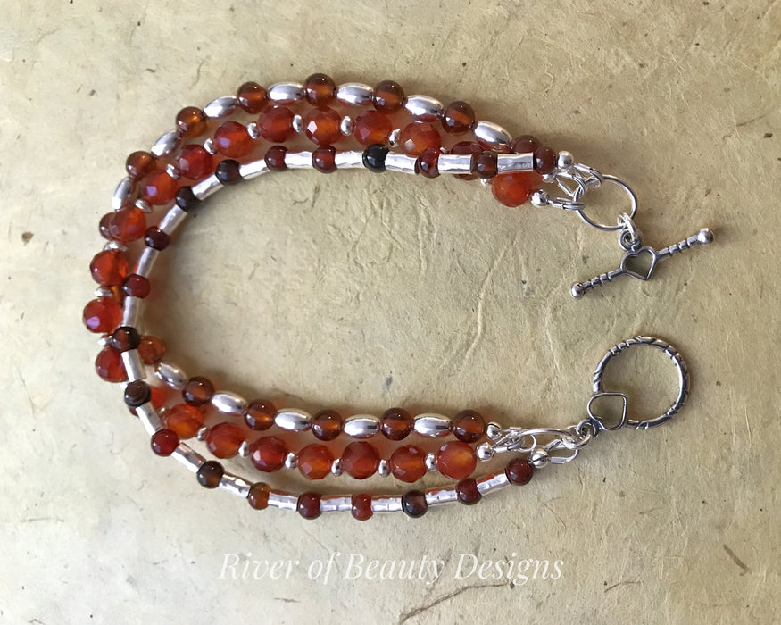 Beaded Sterling Silver Gemstone Bracelet: Carnelian, Garnet & Agate