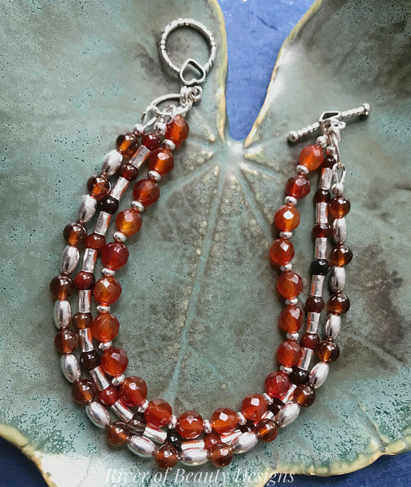 Beaded Sterling Silver Gemstone Bracelet: Carnelian, Garnet & Agate