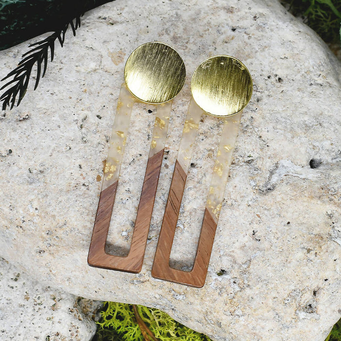 Wood Dangle Earrings with Transpareny-Gold Resin #110