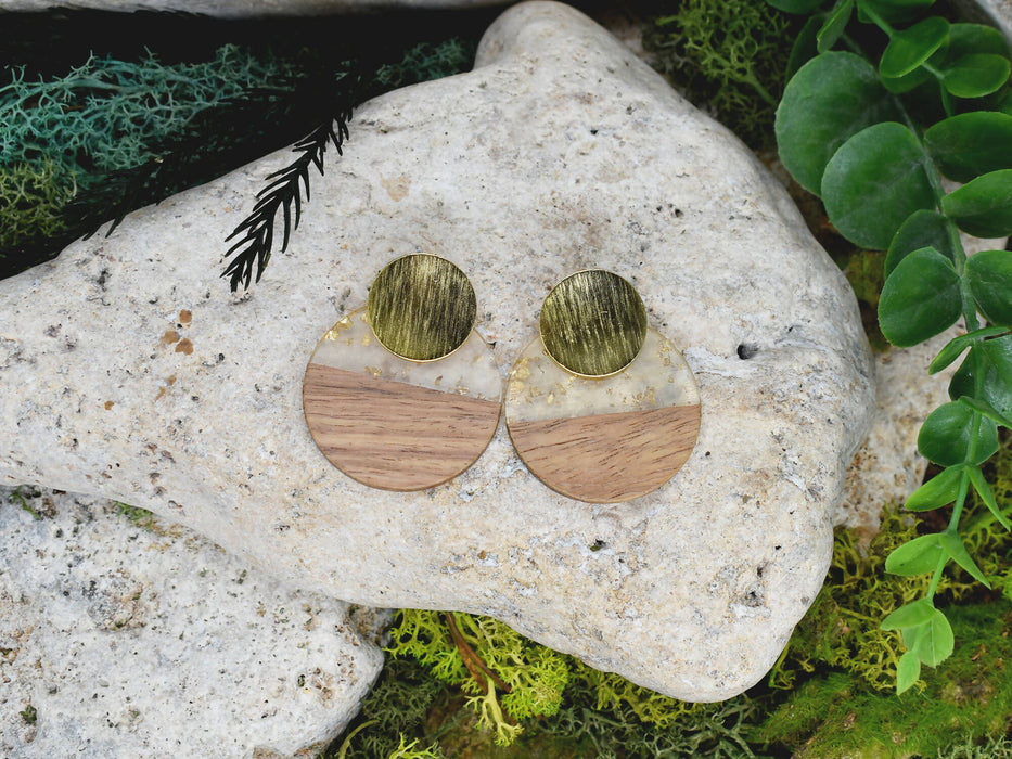 Wood Dangle Earrings with Transpareny-Gold Resin #114