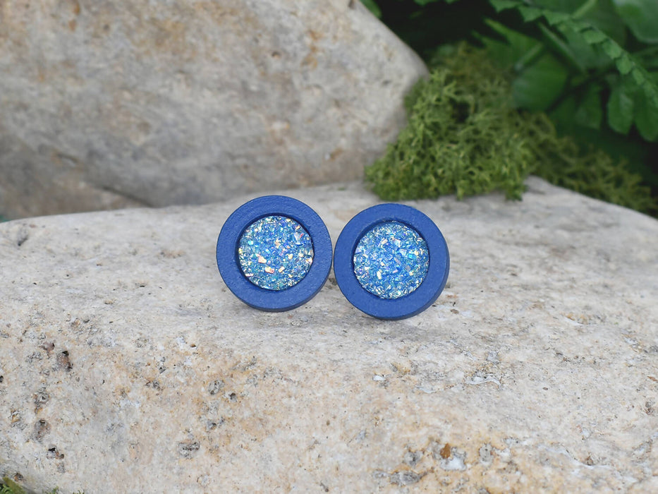 Wood Stud Earrings With Resin Druzy #52