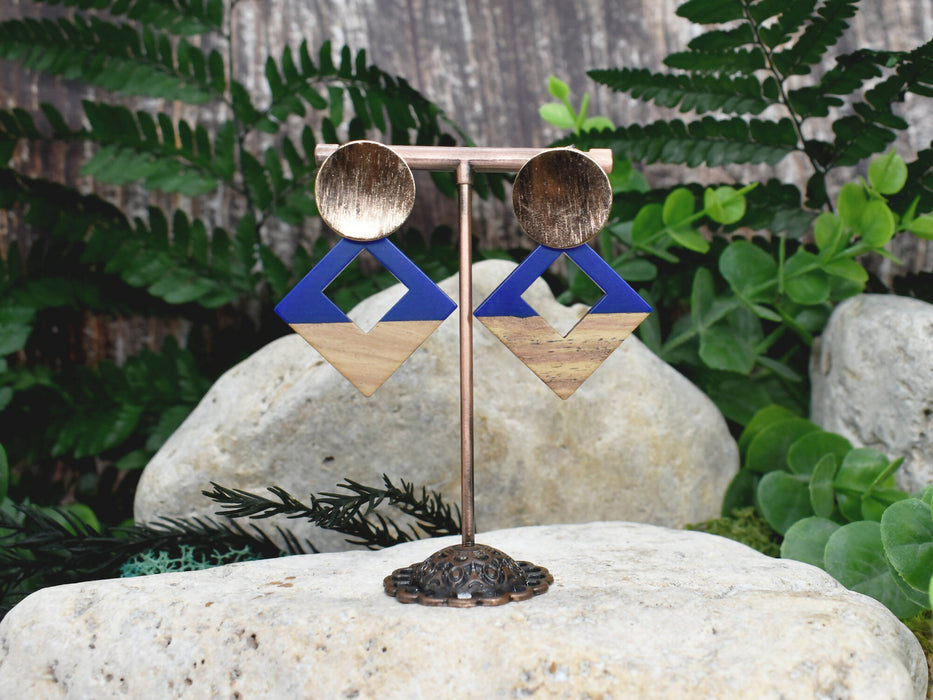 Wood Dangle Earrings with Blue Resin #94