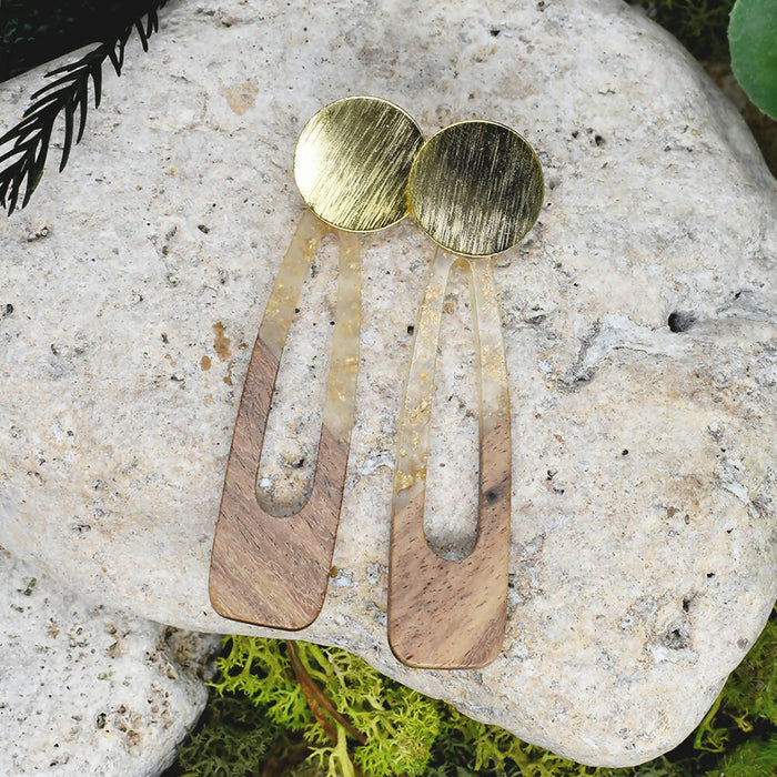 Wood Dangle Earrings with Transpareny-Gold Resin #111