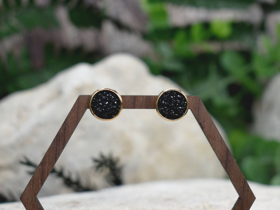 Gold & Black Stud Earrings With Resin Druzy #121