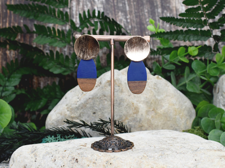 Wood Dangle Earrings with Blue Resin #98