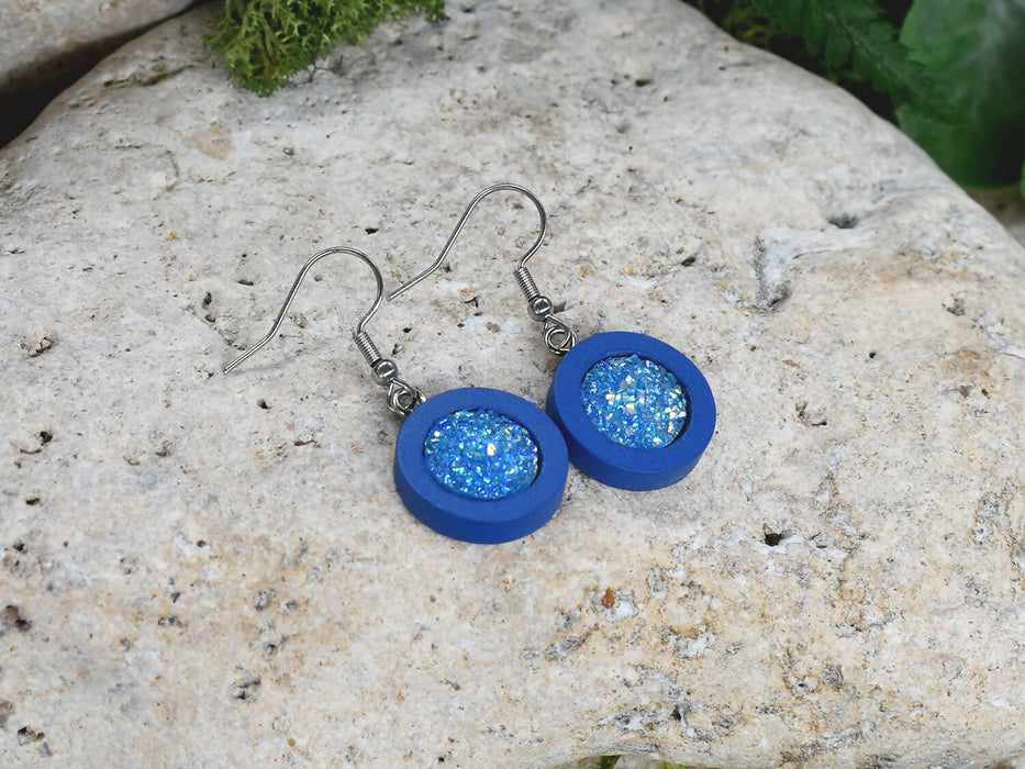 Wood Dangle Earrings With Resin Druzy #35