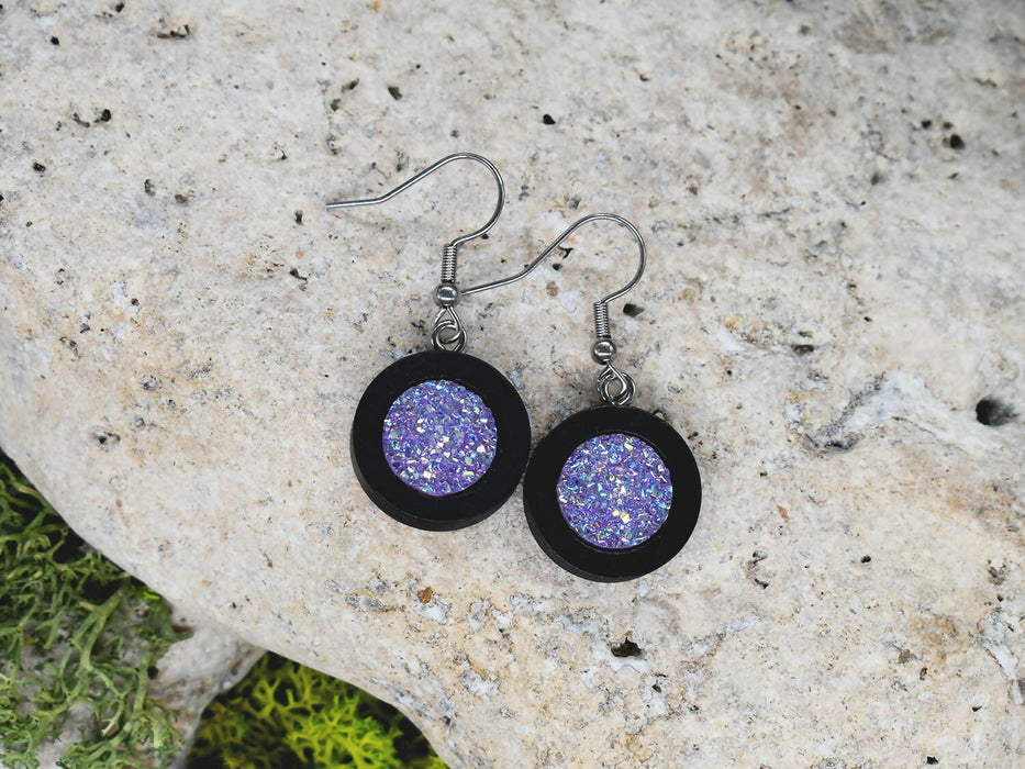 Wood Dangle Earrings With Resin Druzy #39