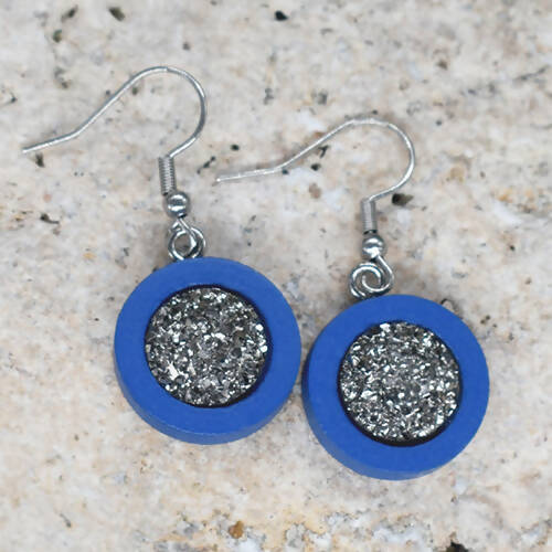 Wood Dangle Earrings With Resin Druzy #36