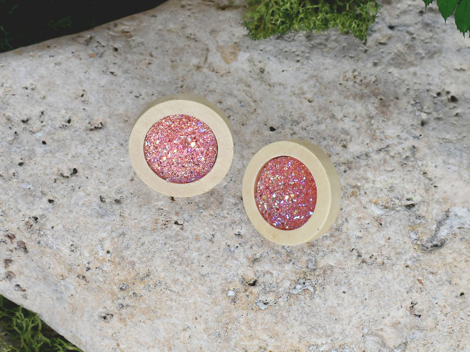 Wood Earrings With Resin Druzy #17