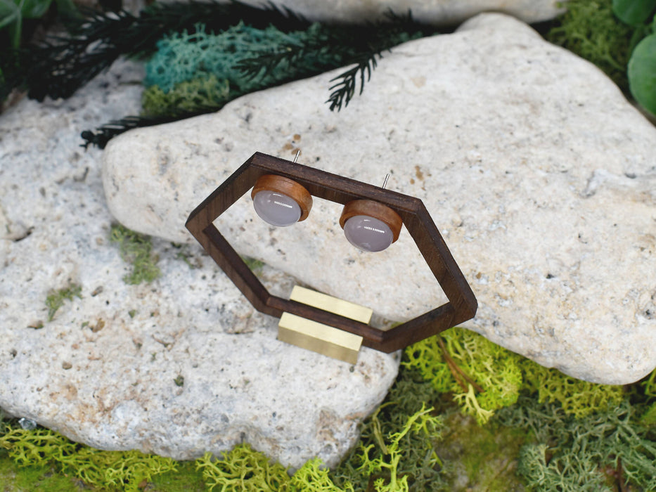 Wood Stud Earrings with White Agate #117