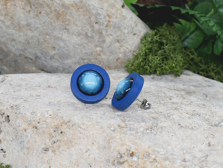 Wood Stud Earrings With Resin Cabochon #54