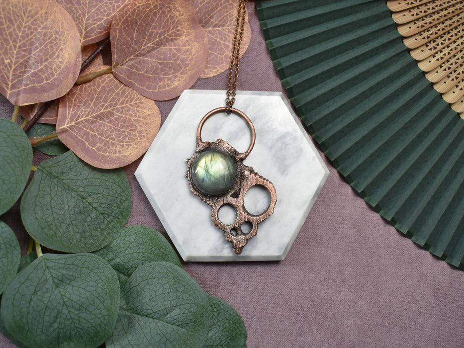 Copper Pendant with Shell & Labradorite | Center Cut Gold Mouth Turbo Shell