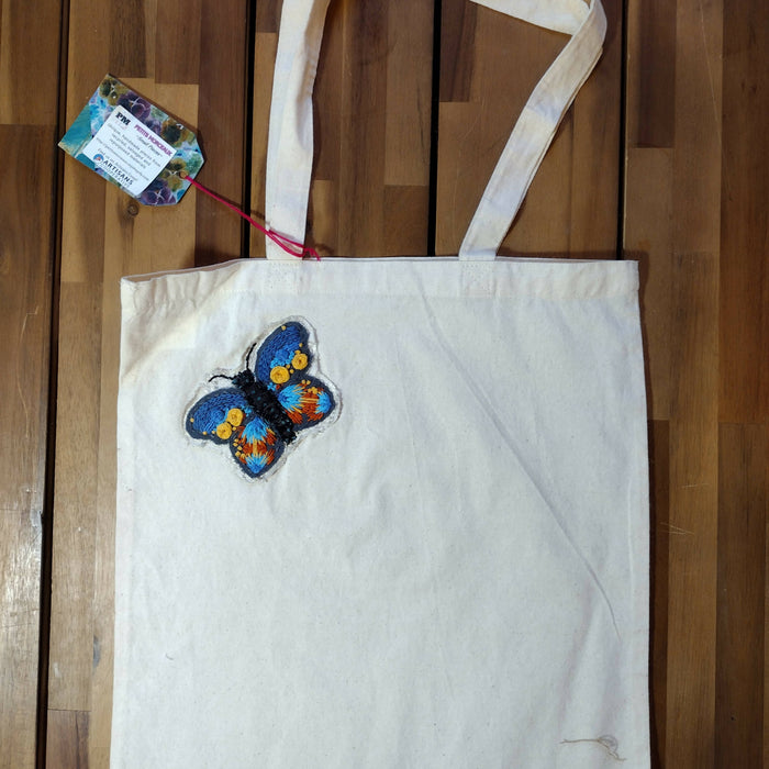 Hand embroidered tote bag - Peace Love & Butterflies collection