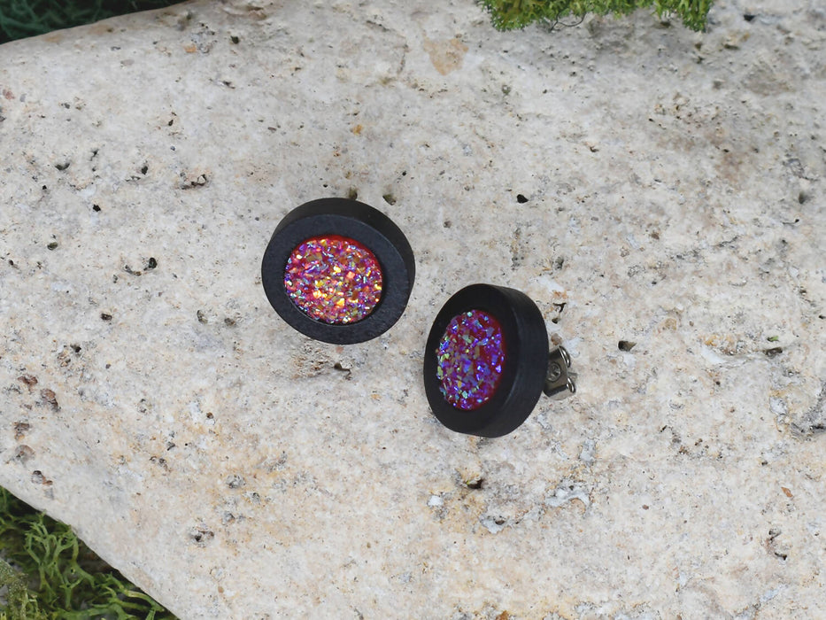 Wood Stud Earrings With Resin Cabochon #59