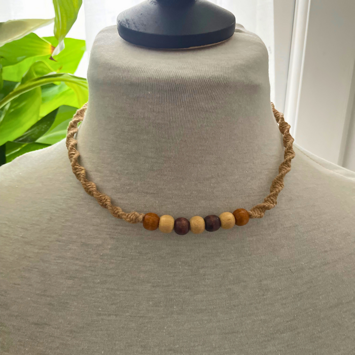 Macrame Half Knot Spiral with Wooden Beads Cord Necklace