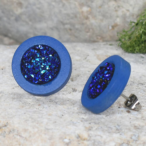 Wood Stud Earrings With Resin Cabochon #55