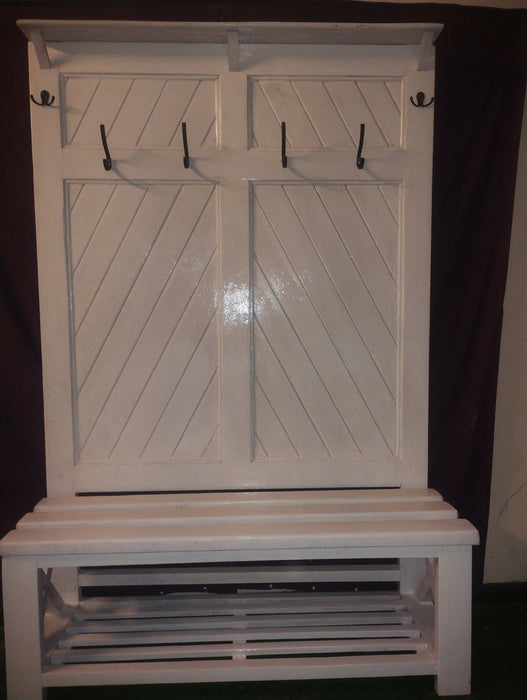 Wood Farmhouse, Hall Tree, Entryway, Bench, monk, mudroom, Shoe storage, coats