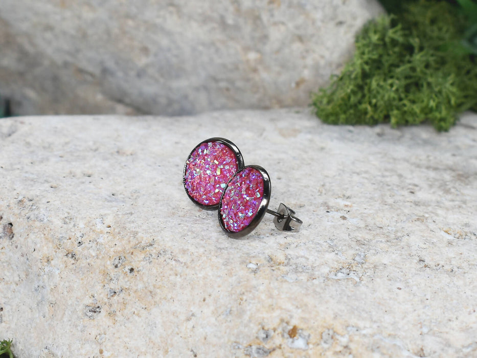 Black Stud Earrings With Resin Druzy #82