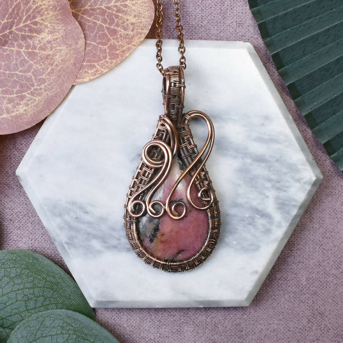 Wire Wrapped Copper Pendant With Rhodonite