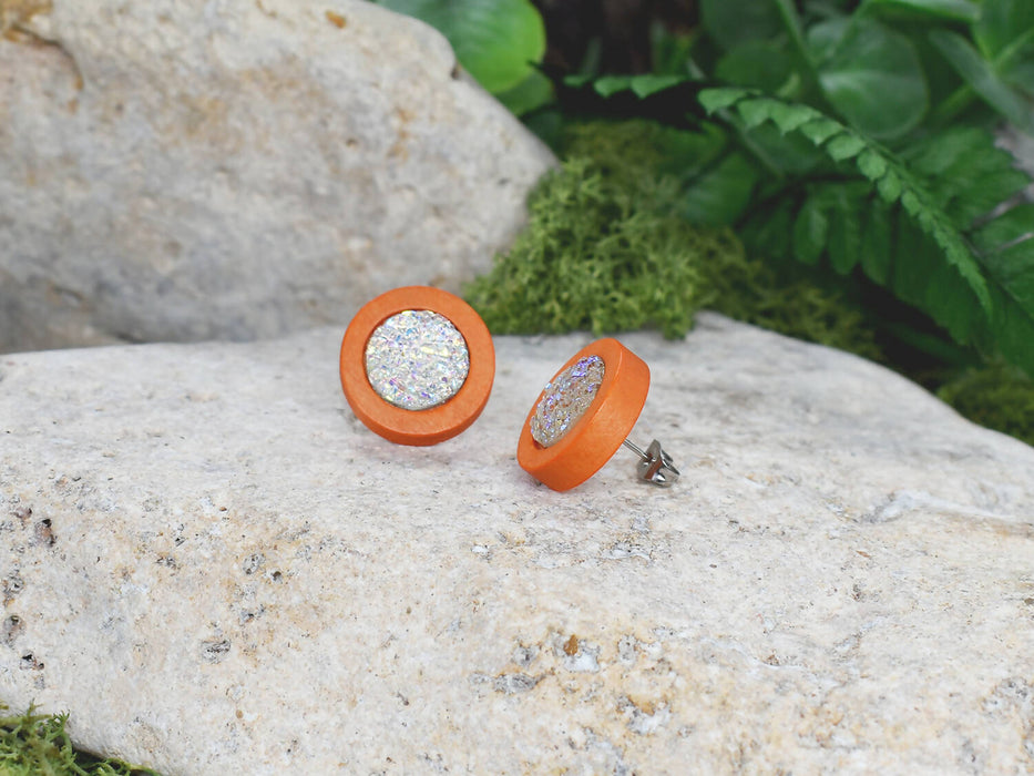 Wood Earrings With Resin Druzy
