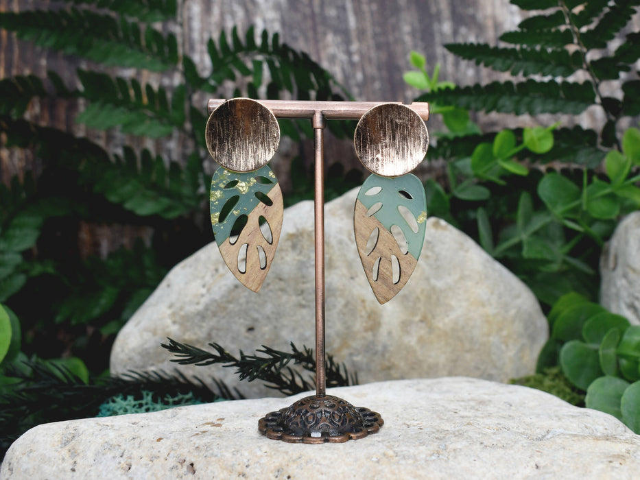 Wood Dangle Earrings with Green Resin #100