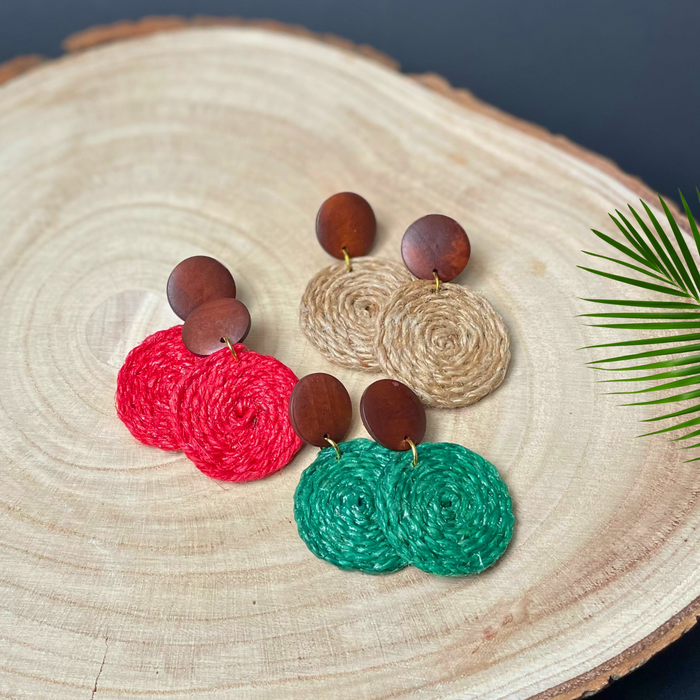 Handwoven Jute and Wood Drop Stud Earrings | Boho Statement Cord Earrings
