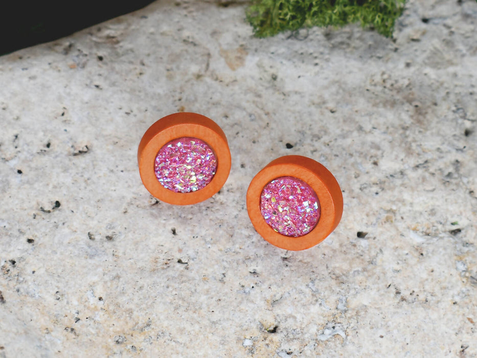 Wood Earrings With Resin Druzy