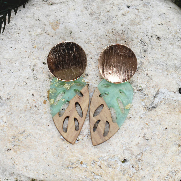Wood Dangle Earrings with Green Resin #100