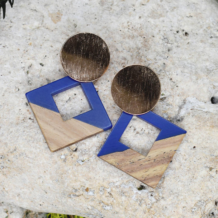 Wood Dangle Earrings with Blue Resin #94