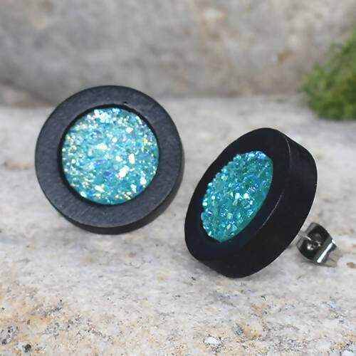 Wood Stud Earrings With Resin Cabochon #56
