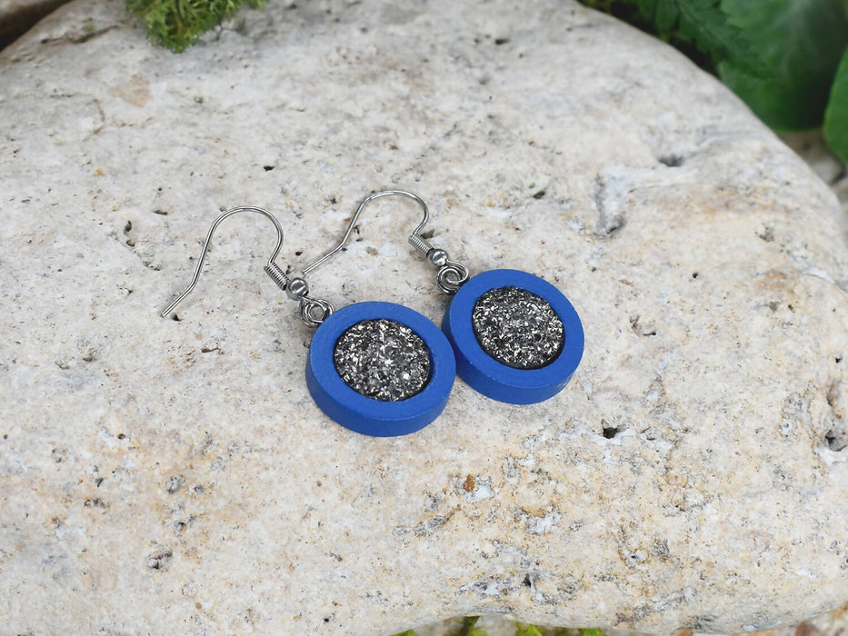 Wood Dangle Earrings With Resin Druzy #36