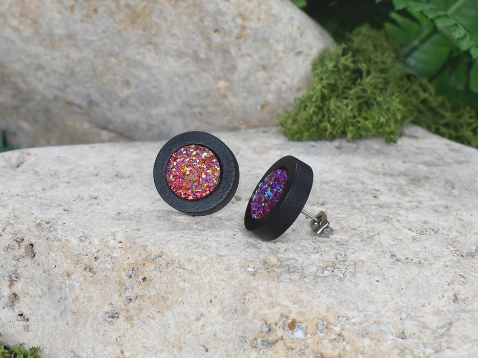 Wood Stud Earrings With Resin Cabochon #59