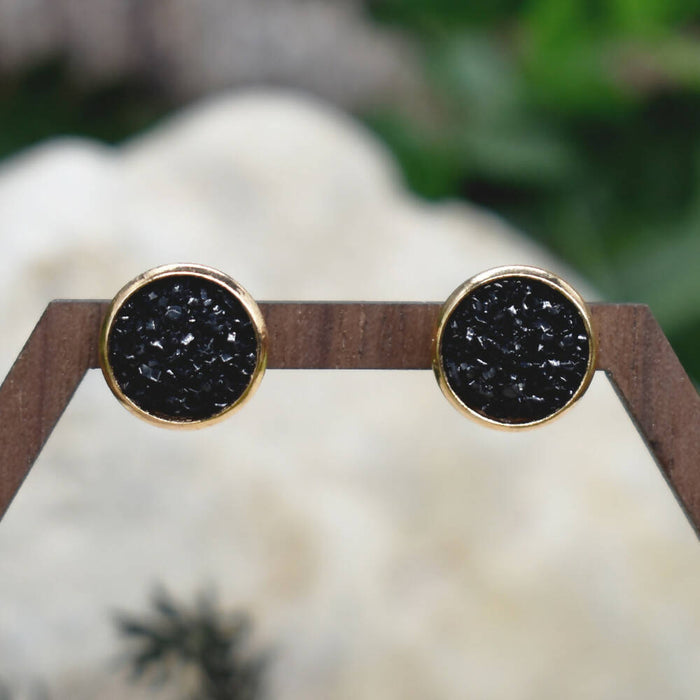 Gold & Black Stud Earrings With Resin Druzy #121