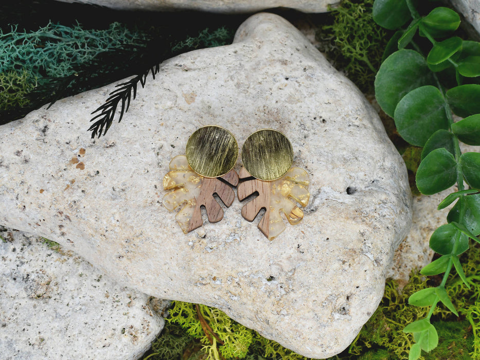 Wood Dangle Earrings with Transpareny-Gold Resin #113