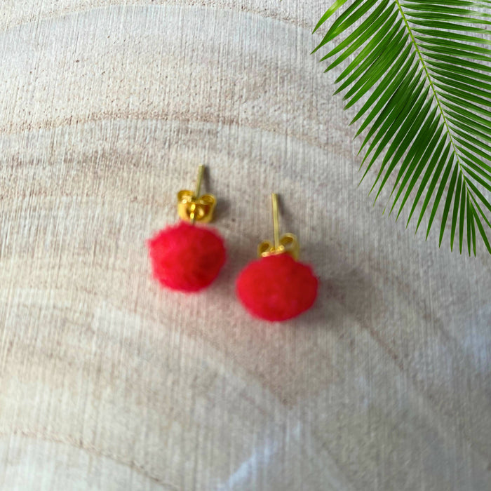 Mini Pom-poms Gold Stud Earrings | Fun Colourful Earrings | Gift for Her