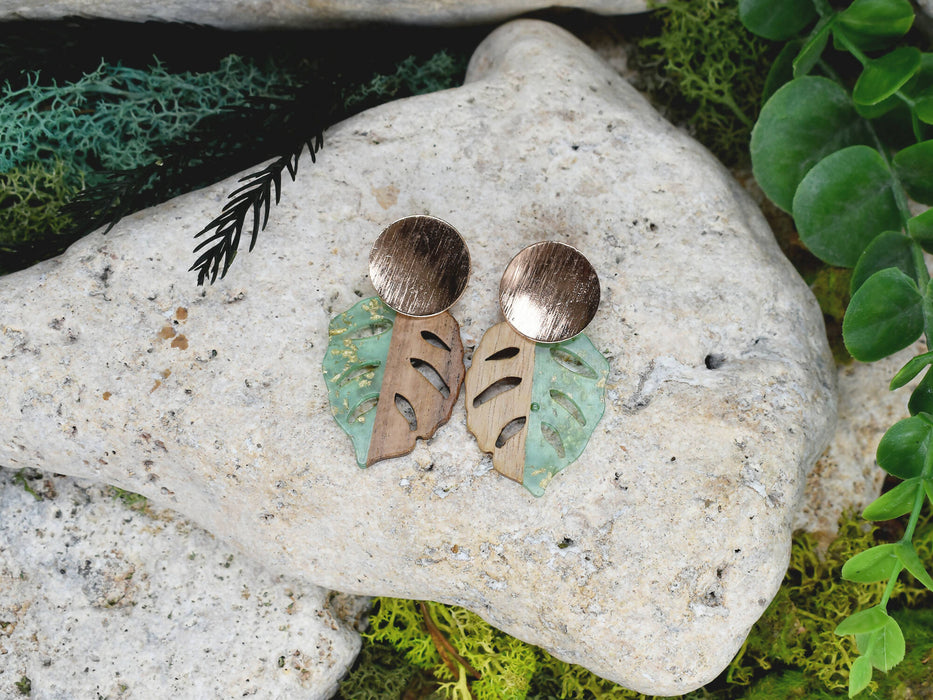 Wood Dangle Earrings with Green Resin #106
