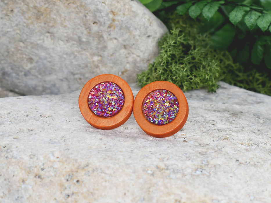 Wood Earrings With Resin Druzy #5