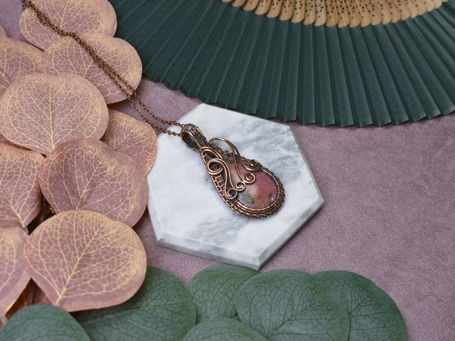 Wire Wrapped Copper Pendant With Rhodonite