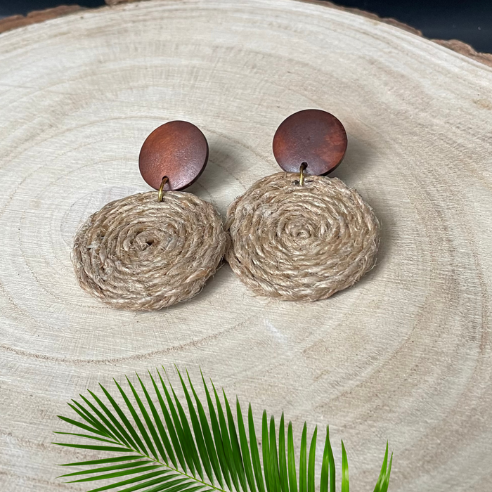Handwoven Jute and Wood Drop Stud Earrings | Boho Statement Cord Earrings