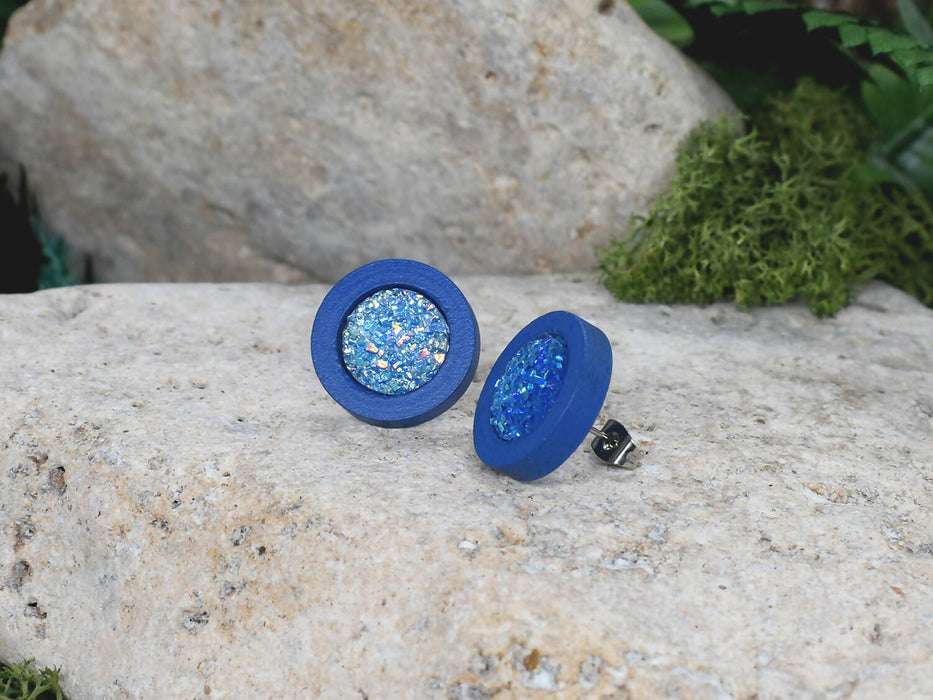 Wood Stud Earrings With Resin Druzy #52
