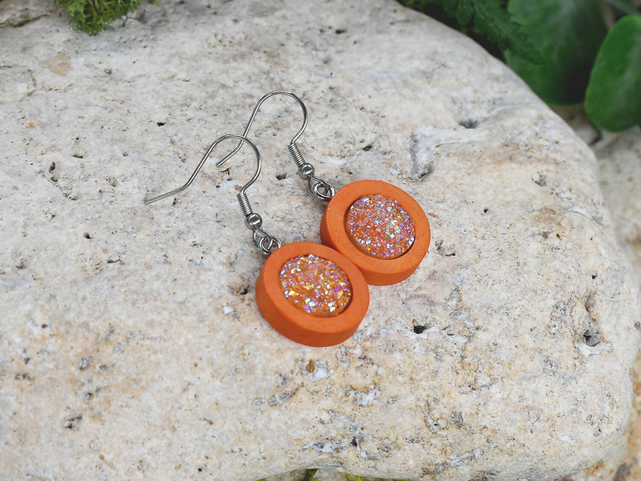 Wood Dangle Earrings With Resin Druzy #29