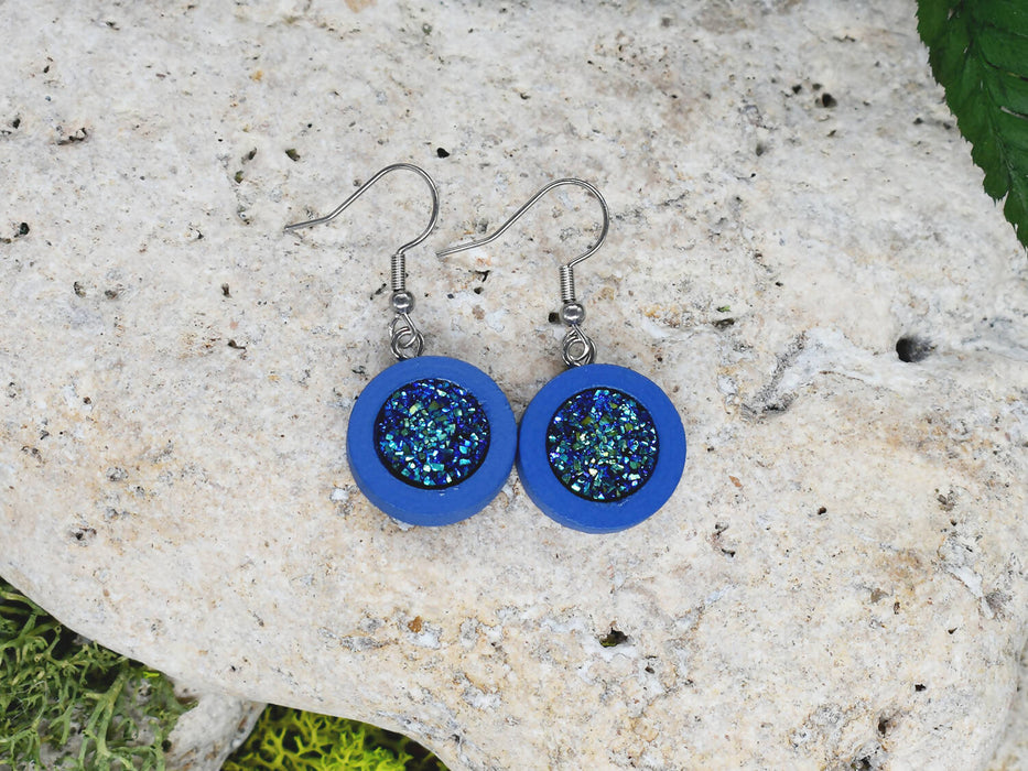 Wood Dangle Earrings With Resin Druzy #37