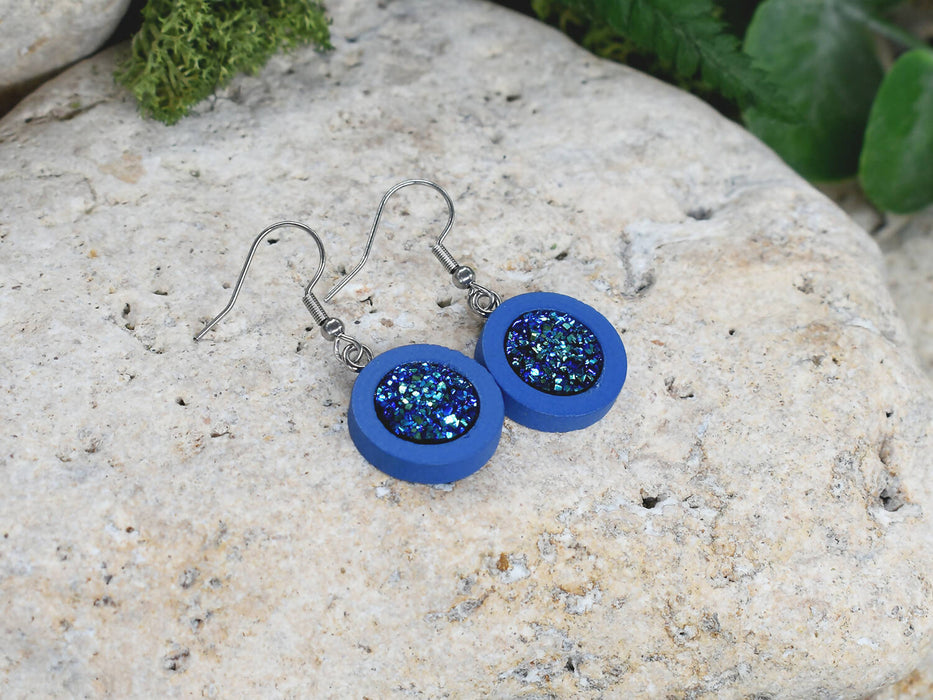 Wood Dangle Earrings With Resin Druzy #37