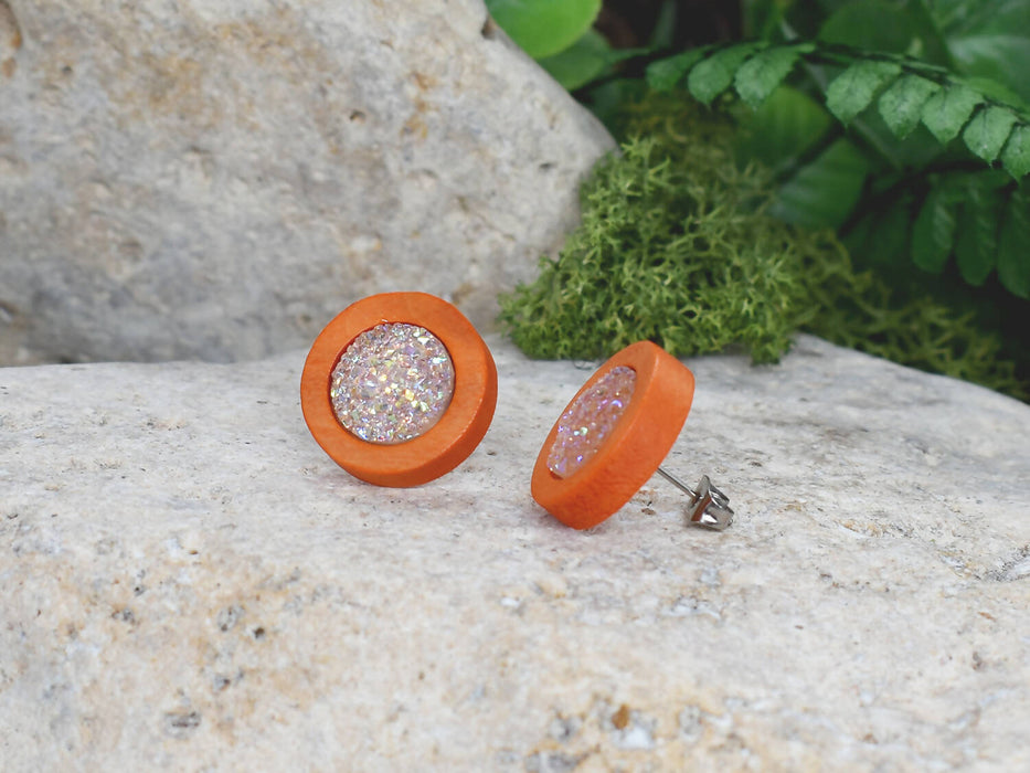 Wood Earrings With Resin Druzy #7