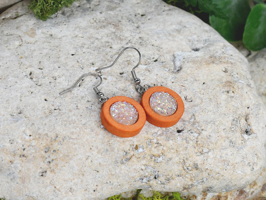 Wood Dangle Earrings With Resin Druzy #28
