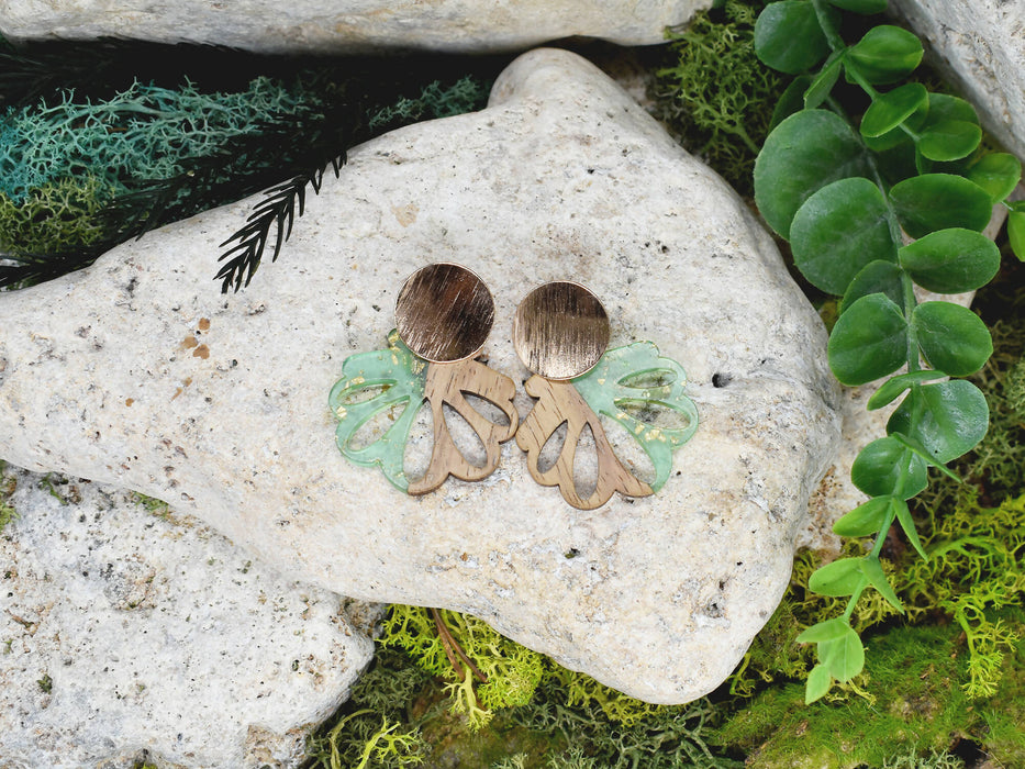Wood Dangle Earrings with Green Resin #99