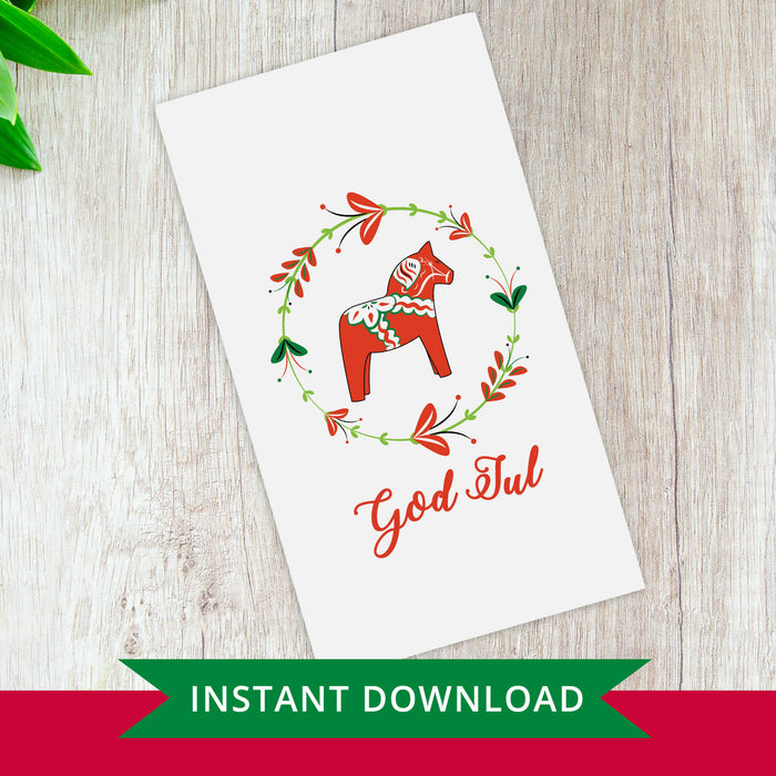 DIY Printable Dala Horse Greeting Card, Birthday, Swedish Christmas (God Jul), Thank You, Instant Download