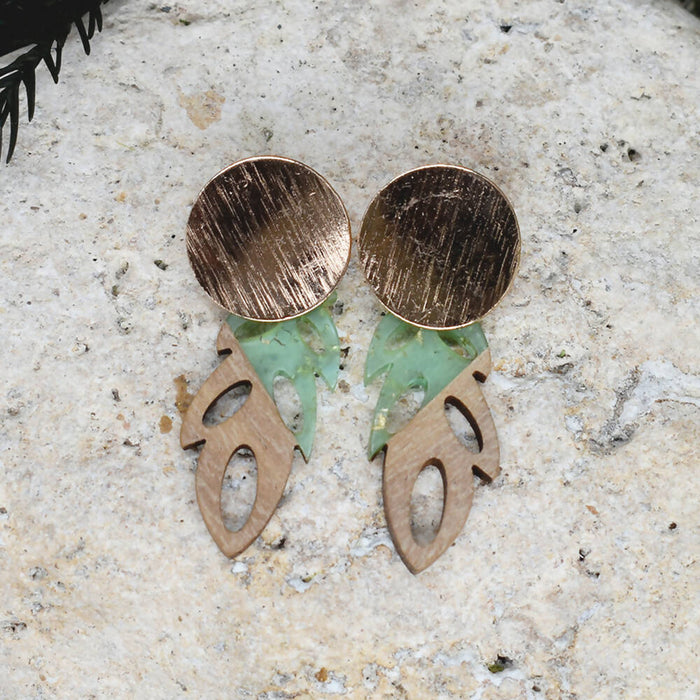 Wood Dangle Earrings with Green Resin #104