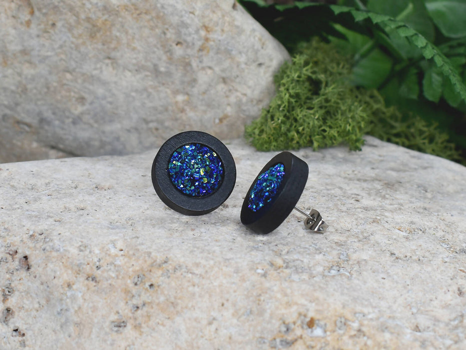 Wood Stud Earrings With Resin Cabochon #62
